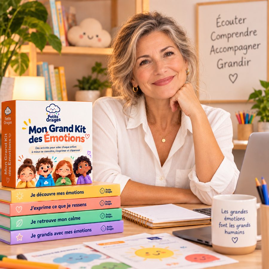 Une femme souriante à son bureau, à côté de Mon Grand Kit des Émotions Petits Orages