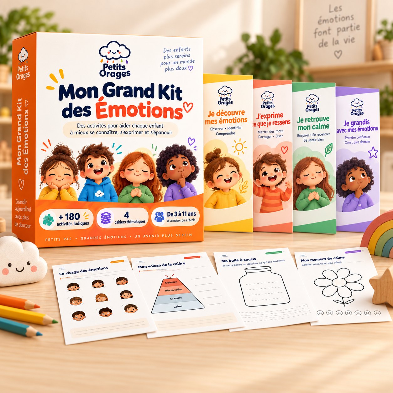 La boîte Mon Grand Kit des Émotions, les quatre cahiers et des fiches imprimées posées sur une table